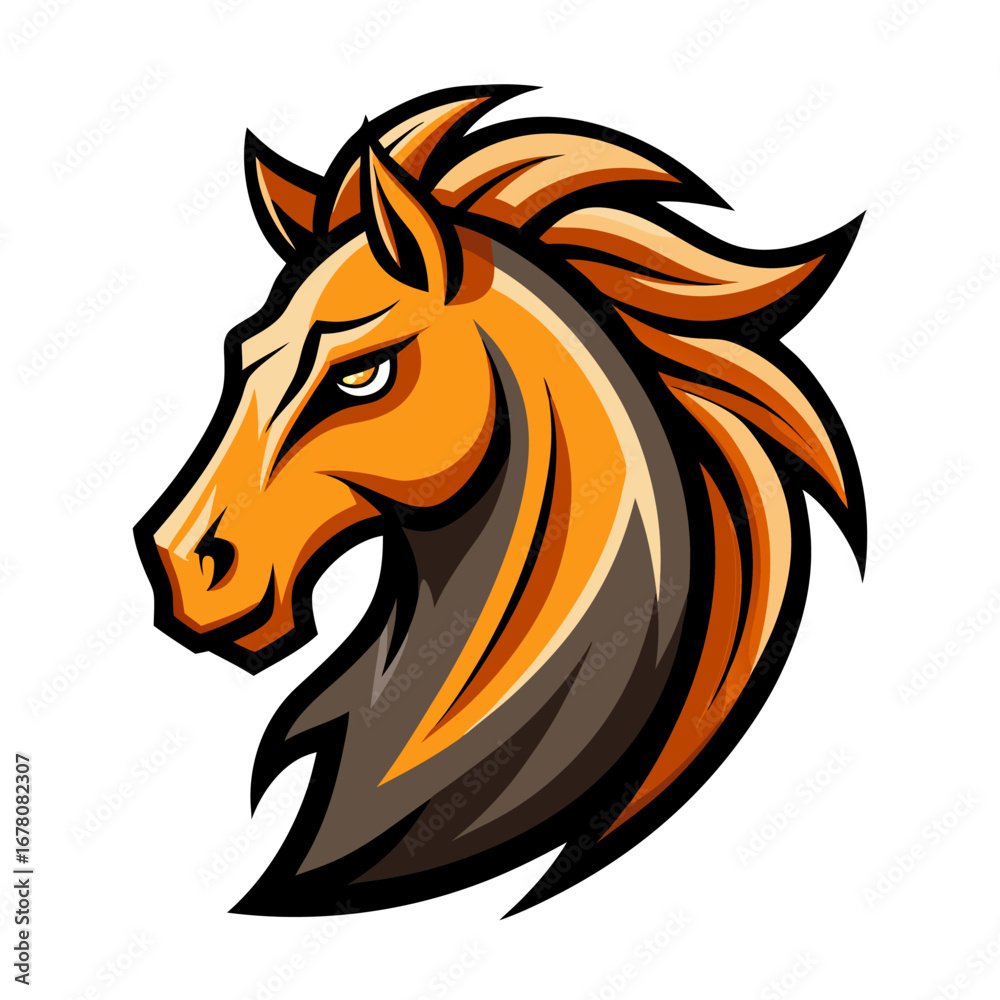 Obraz premium Fierce Horse Mascot Head with Flowing Mane in Bold Vector Style