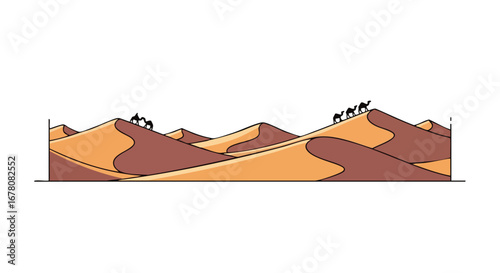 A caravan of camels traverses the undulating sand dunes of a vast desert landscape.