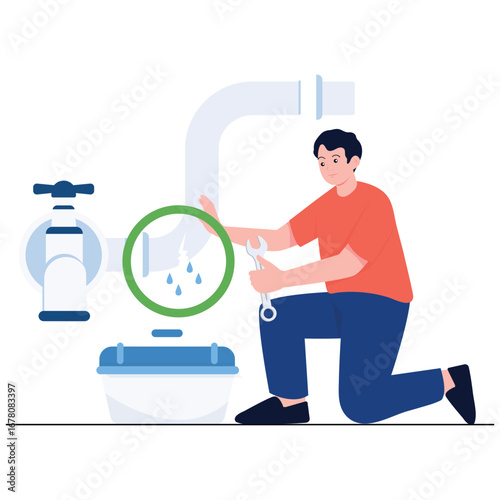 Save Water Illustration. Vector illustration of Man repairing dripping pipe with wrench and toolbox, plumbing maintenance to stop water loss at home. Isolated on background