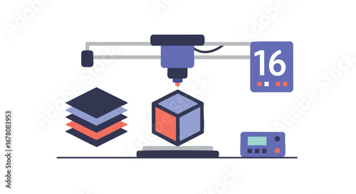 Illustration of a 3D printer creating a cube from layers of material.