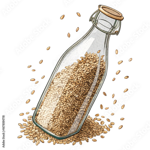 Vintage glass bottle filled with golden grains, perfect for healthy lifestyle and nutrition concepts, ideal for recipes and packaging designs