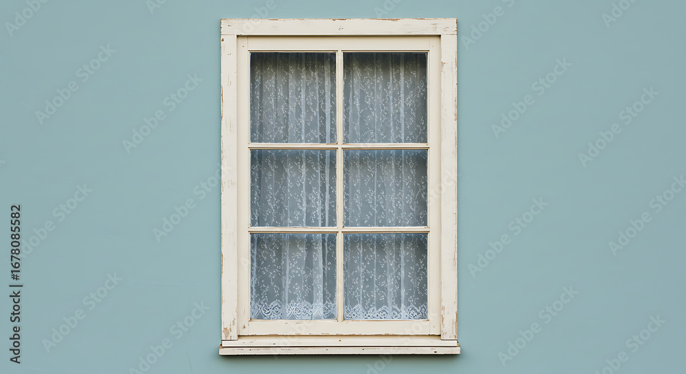 Fototapeta premium A Window with White Frame and Sheer Curtains on a Light Blue Painted Wall, Interior Detail