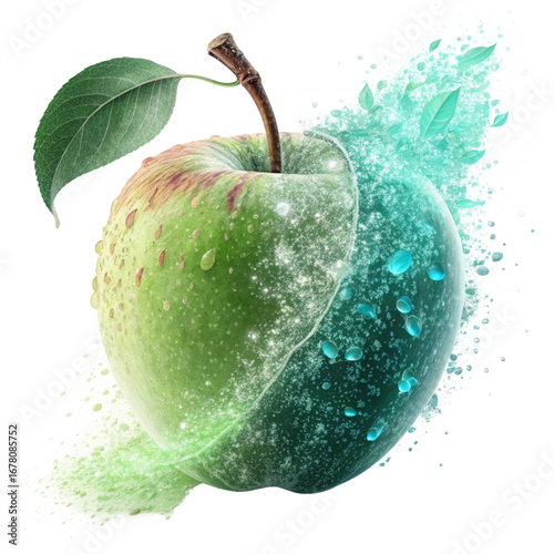 Crisp green apple with dazzling water droplets creating a refreshing and healthy vibe perfect for organic food advertising campaign