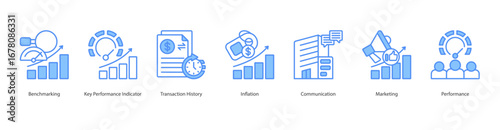 Performance Metrics banner web icon set vector illustration concept with icon of benchmarking, key performance indicator, transaction history, inflation, communication, marketing, performance