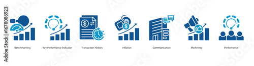 Performance Metrics banner web icon set vector illustration concept with icon of benchmarking, key performance indicator, transaction history, inflation, communication, marketing, performance