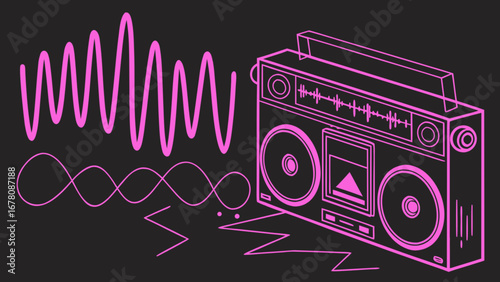 Retro boombox illustration with sound waves for music lovers and vintage audio equipment enthusiasts