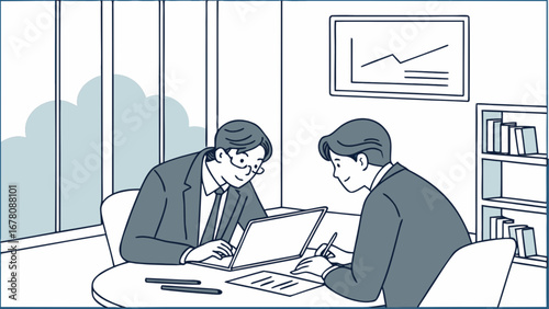Business meeting illustration of two coworkers collaborating on project in office with laptop and documents
