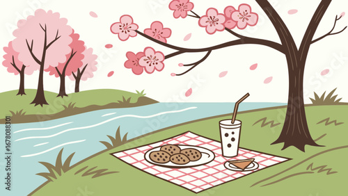 Spring picnic under cherry blossom tree vector illustration for nature and outdoor recreation themes design