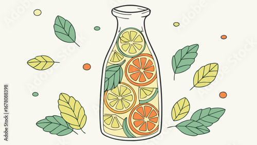 Refreshing citrus infused water illustration with lemon orange and mint leaves for healthy lifestyle concept