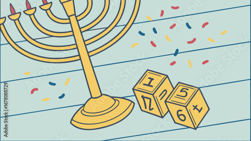Hanukkah menorah dreidels and confetti jewish holiday celebration design illustration vector image