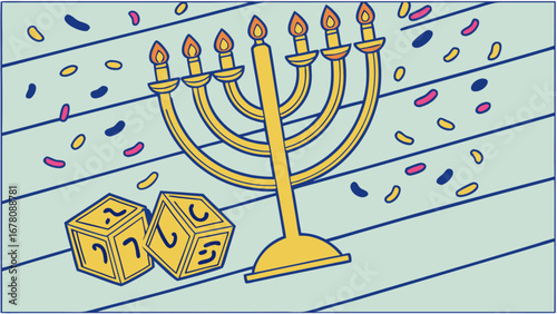 Hanukkah menorah and dreidels vector illustration for jewish holiday celebration design element graphic