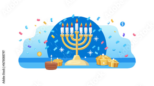 Hanukkah celebration with menorah candles and traditional food vector illustration design for holidays event