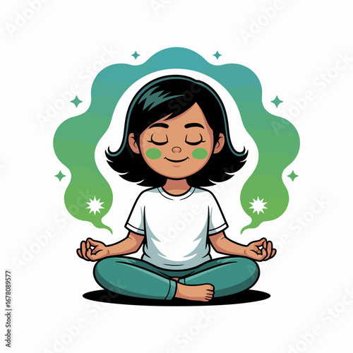 A cartoon illustration of a young girl meditating peacefully in a lotus position with a serene green aura.