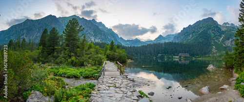 Sunset view of Popradske pleso lake in Slovakia
