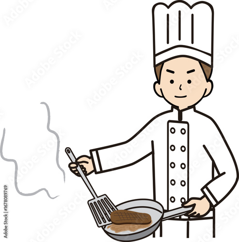 フライパンでステーキを焼く男性コック