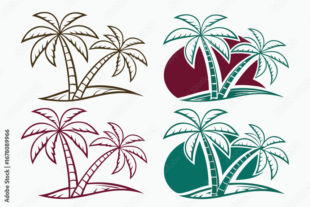 Fototapeta premium set of Minimal line icon of tropical palm tree, vector, isolated on white background