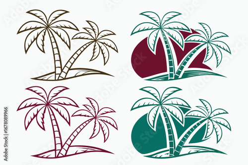 set of Minimal line icon of tropical palm tree, vector, isolated on white background