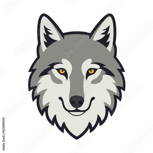 Cartoon illustration of a wolf head with gray fur and yellow eyes.