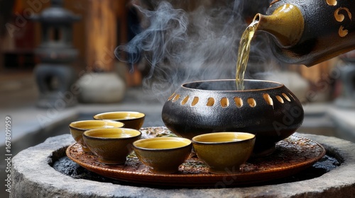 Traditional Chinese Yellow Wine Being Warmed and Served in Cups