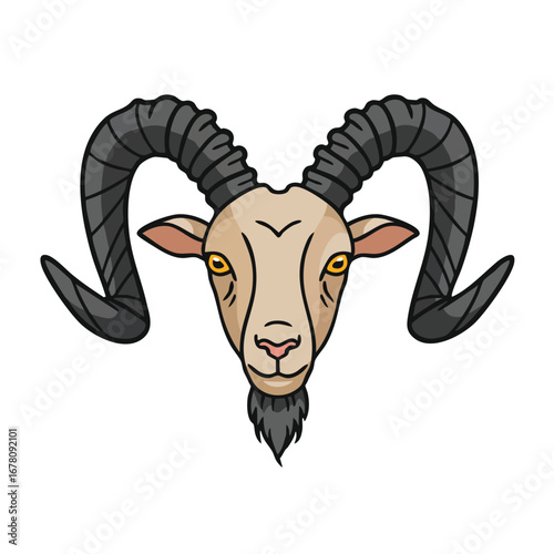 Cartoon illustration of a goat head with large horns and a beard.