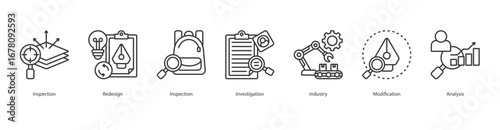 Industrial Innovation banner web icon set vector illustration concept with icon of inspection, redesign, inspection, investigation, industry 4.0, modification, analysis