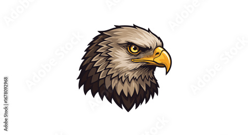 Detailed illustration of an eagle head with a sharp beak and intense gaze.