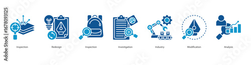 Industrial Innovation banner web icon set vector illustration concept with icon of inspection, redesign, inspection, investigation, industry 4.0, modification, analysis