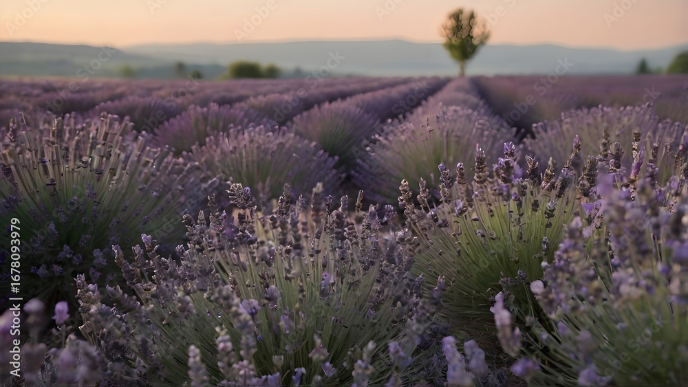 Obraz premium Rows of blooming lavender fields in provence france at sunset with a single tree