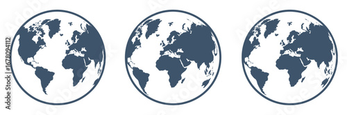Set of three vector globes showing different views of the planet Earth. World map illustration in a flat, modern style for global concepts. c