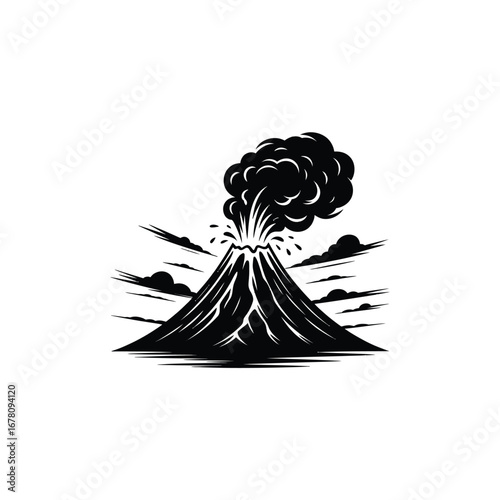 Dramatic black and white illustration of an erupting volcano with smoke and clouds