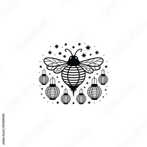 Whimsical black and white illustration of a stylized bee surrounded by glowing lanterns and stars