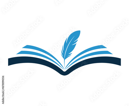 Elegant blue icon of an open book with a feather quill pen. A vector symbol representing writing, literature, education, and knowledge