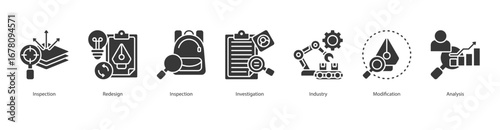 Industrial Innovation banner web icon set vector illustration concept with icon of inspection, redesign, inspection, investigation, industry 4.0, modification, analysis