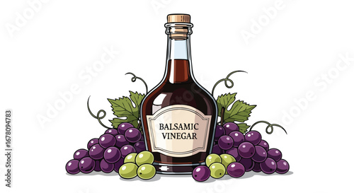 Illustration of balsamic vinegar bottle with grapes and leaves on white background.