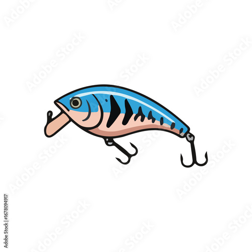 Cartoon illustration of a blue and beige fishing lure with hooks, ready to catch.