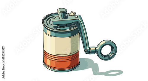 Illustration of a can opener opening a tin can with a white and orange label.