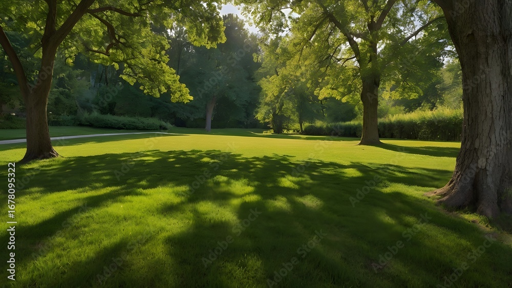 Naklejka premium Sunlight filtering through green trees onto a lush grassy park lawn