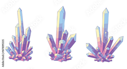 Illustration of three clusters of iridescent crystals with purple, pink, and blue hues.