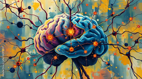 An abstract painting depicting brain and central nervous system neural pathways and the excitation of neurons