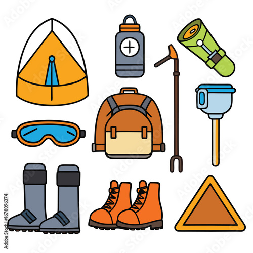 A vibrant collection of flat design icons representing essential gear for mountaineering, camping, and outdoor hiking expeditions