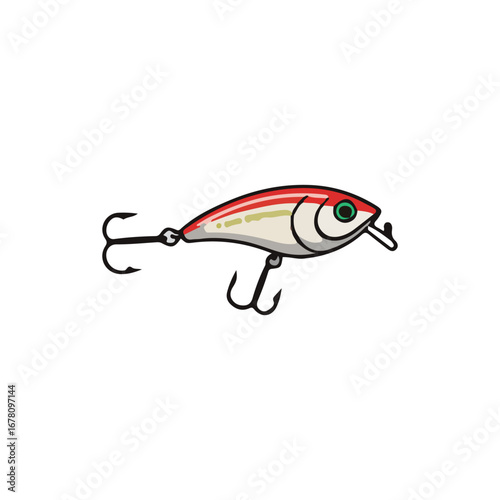 Red and white fishing lure with treble hooks, detailed illustration.