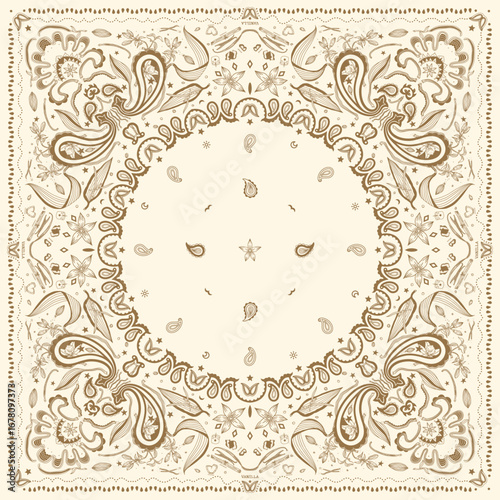 Bandanna Print, Vanilla paisley lace floral seamless pattern. vanilla, flower, decorative ornament. bandana pattern template. Silk neck scarf or kerchief square pattern design.