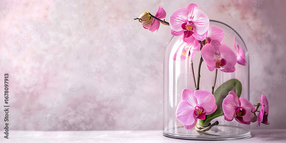 Obraz premium glass dome with pink orchids on soft pink 