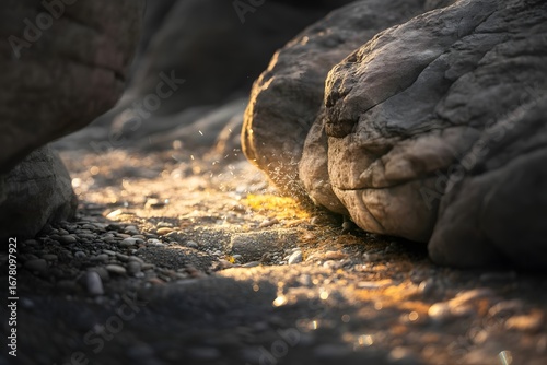 Wallpaper Mural Sunlight streams through a narrow crevice between large textured rocks illuminating the rough ground with a warm golden glow and creating a dramatic contrast of light and shadow Torontodigital.ca