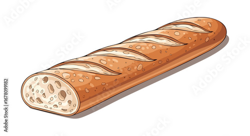 Illustration of a crusty, golden brown baguette loaf of bread, sliced.