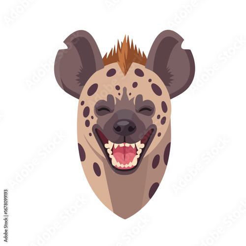 Cartoon illustration of a smiling spotted hyena head with a happy expression.