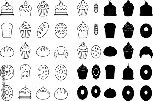 Bakery icon collection - vector outline illustration and silhouette
