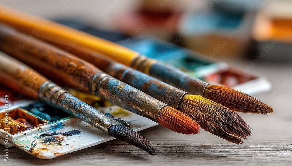 Fototapeta premium Close-up of used paintbrushes on a palette