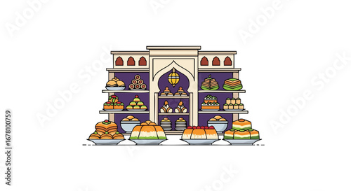 Illustration of a shop display filled with colorful Indian sweets and desserts.