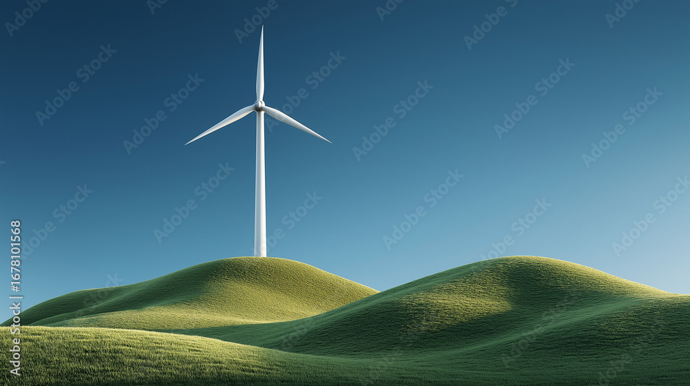 Obraz premium realistic windmill turbine on grassy hill spinning to generate clean electric energy, clear blue sky, symbol of renewable green power and eco innovation in rural landscape 